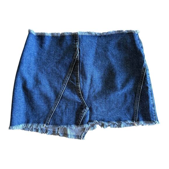 Blue Denim Mini Skirt Frayed Hem Distressed Asymmetrical Y2K Waist 13” Size 4 - Picture 2 of 5